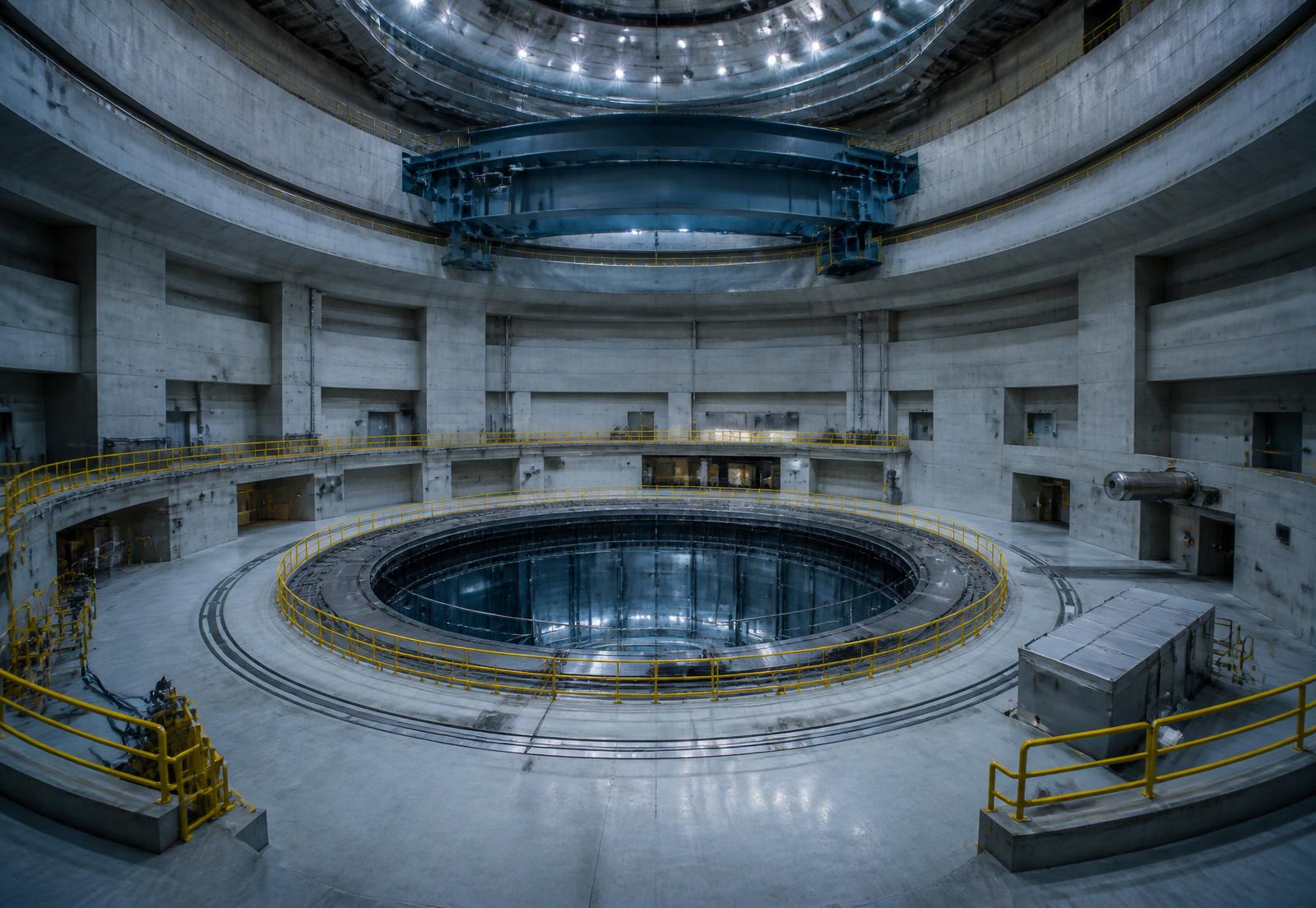 Interior of a nuclear reactor containment building, showing its circular concrete structure and steel gantry